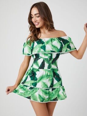 Forever 21 White and Green Tropical Off-Shoulder Mini Dress